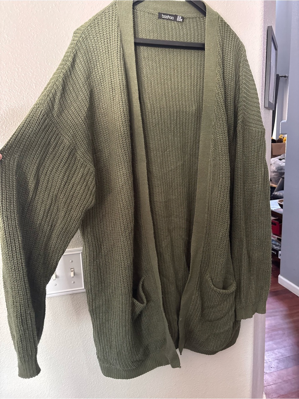 Boohoo Dual-Color Open Front Long Cardigan - Mustard & Olive - Picture 7 of 11